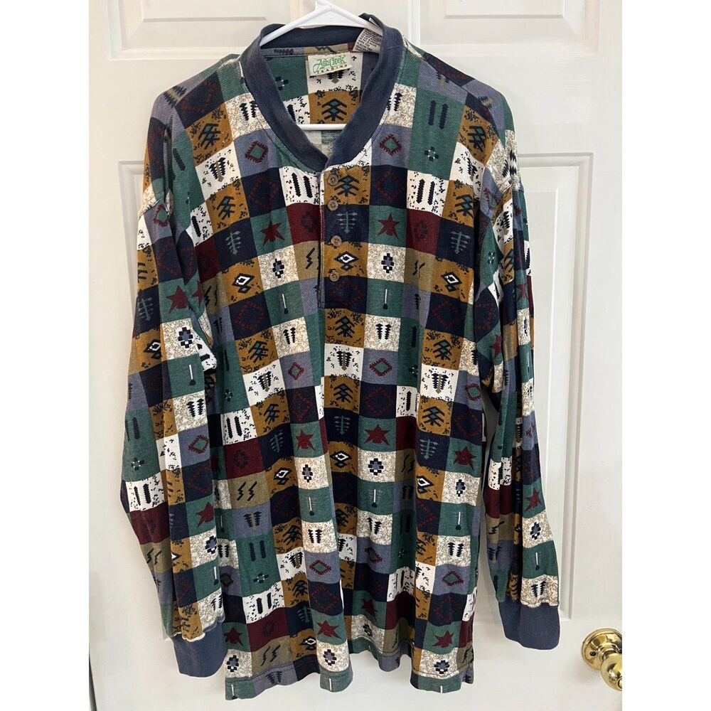 Vintage Ash Creek Trading Mens L Long Sleeve Shirt Multicolor Grandpa Native